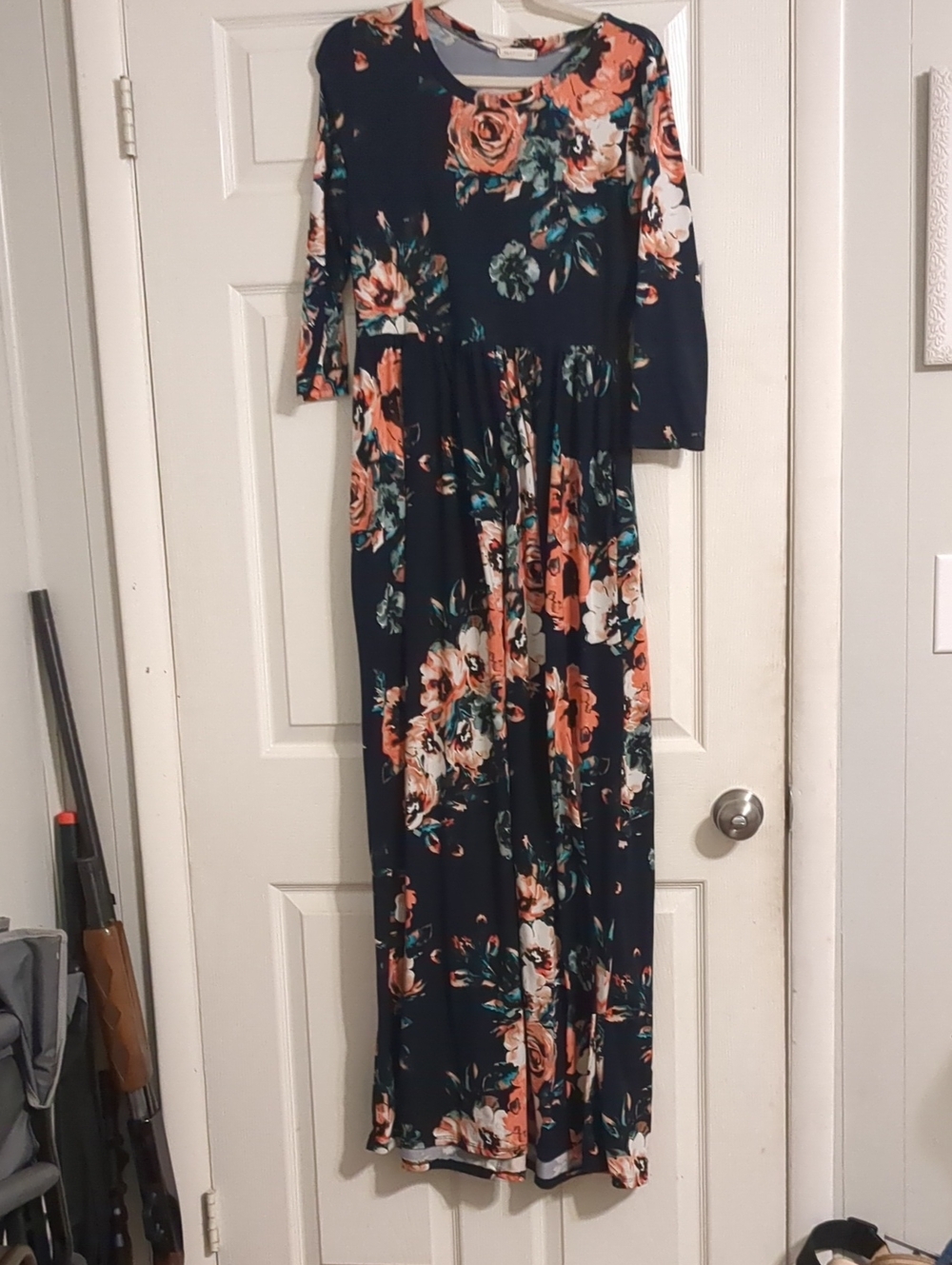 Navy Floral Maxi Dress with Coral Blooms